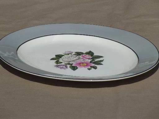 vintage Margaret Rose floral grey band platter, Homer Laughlin eggshell china