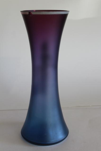 vintage Mary Gregory hand painted glass vase, Bohemian or French glass satin shaded blue purple