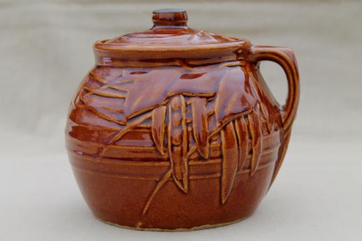 vintage McCoy pottery bean pot, stoneware crock w/ pea pod or beans & vine design