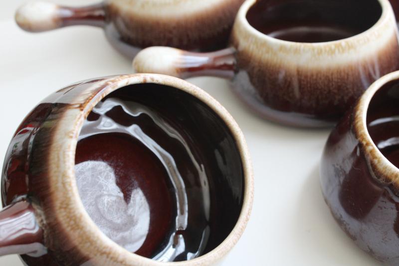 vintage McCoy pottery brown drip stick handle soup bowls or individual casseroles