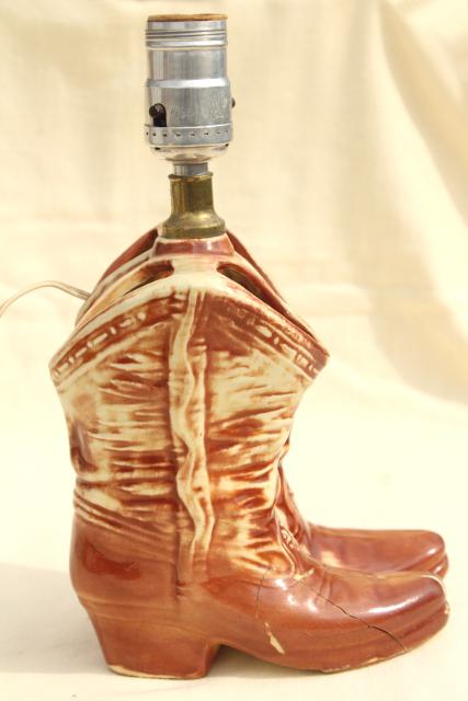 vintage McCoy pottery cowboy boots, retro table lamp, western cowgirl junk style!
