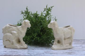 vintage McCoy pottery creamy white sheep figural planters pair, country farmhouse decor
