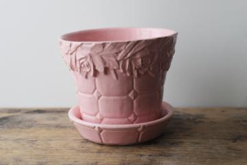 vintage McCoy pottery flower pot planter, quilted rose pattern 1950s pink!