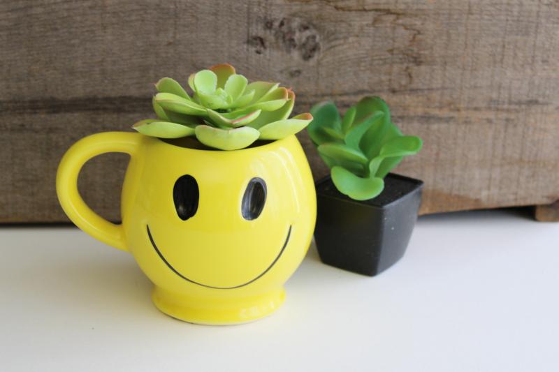 vintage McCoy pottery mug, smiley face yellow smile coffee cup, 60s 70s retro