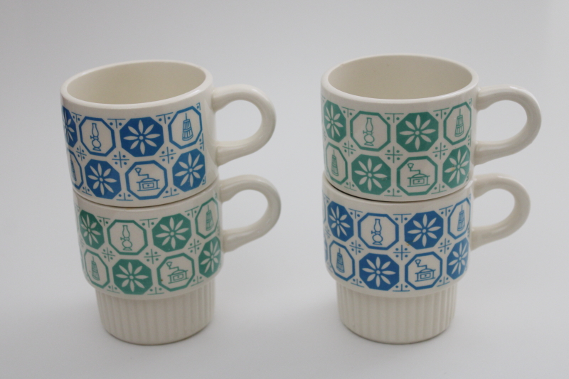 vintage McCoy pottery stackable ceramic mugs, kitchen antiques print jade green  blue