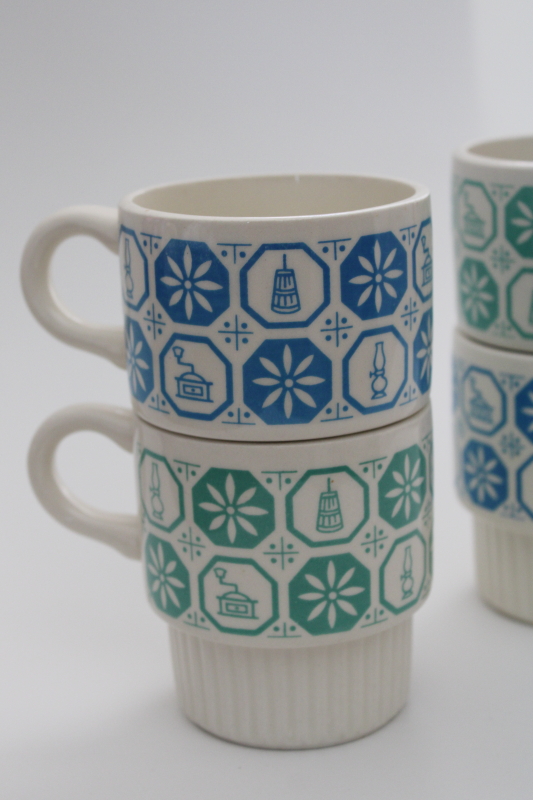 vintage McCoy pottery stackable ceramic mugs, kitchen antiques print jade green  blue