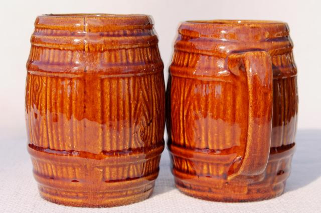 vintage McCoy stoneware pottery old oaken barrel beer steins or cider mugs w/ pitcher