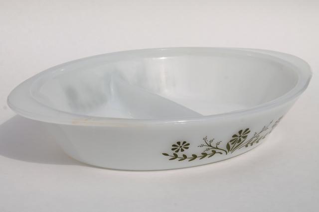 Glasbake Oval Divided Milk Glass Casserole Baking Dish Handles Green Daisy  Design