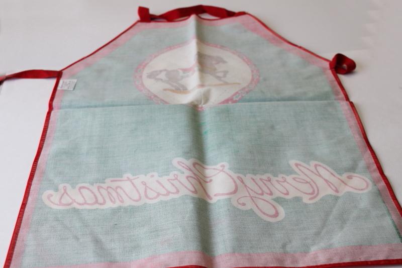 vintage Merry Christmas oilcloth type fabric apron, wipe clean bib apron 