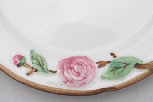 vintage Metlox pottery Camellia pink rose & branch floral china platter or cake plate