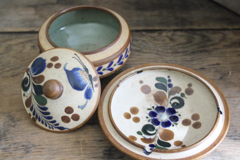 vintage Mexican Tonala pottery smoke set, tobacco jar & ashtray, hand painted in Mexico