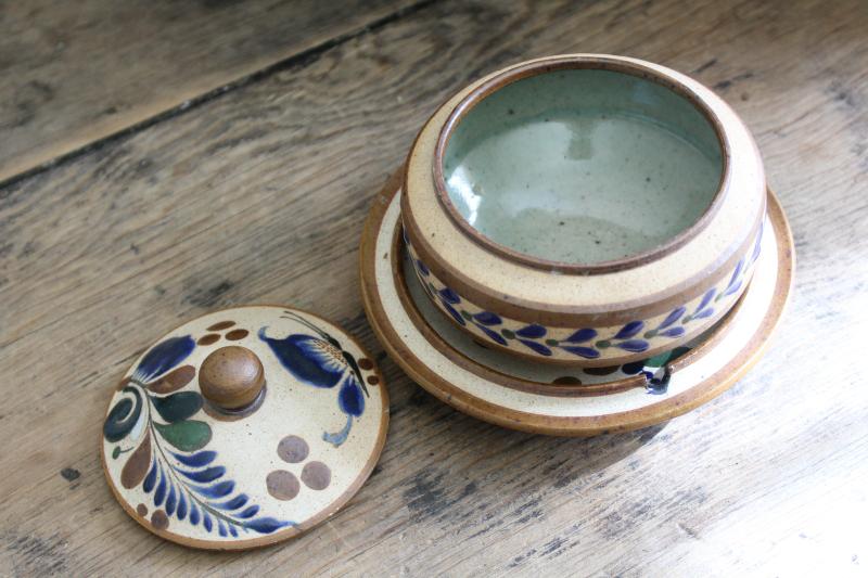 vintage Mexican Tonala pottery smoke set, tobacco jar & ashtray, hand painted in Mexico