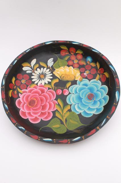 vintage Mexican batea tray, carved wood bowl w/ bright hand painted flowers on black