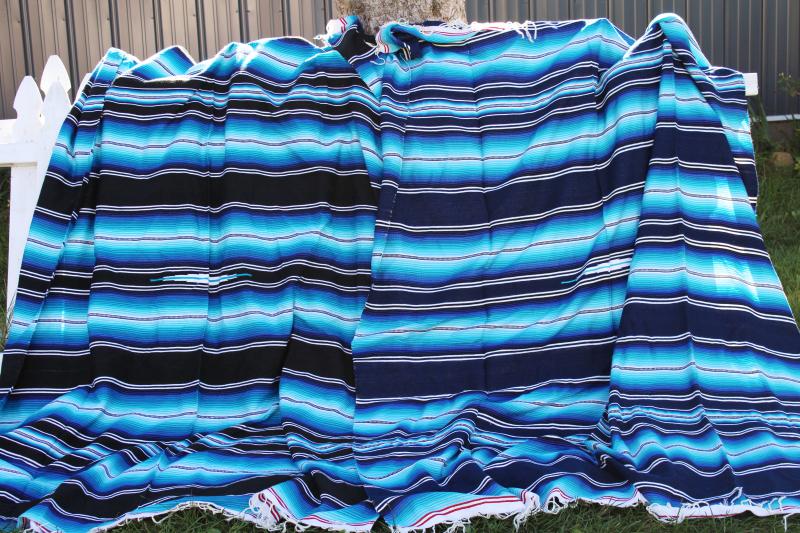 vintage Mexican blanket bedspreads, large saltillo pair matching black blue woven stripes