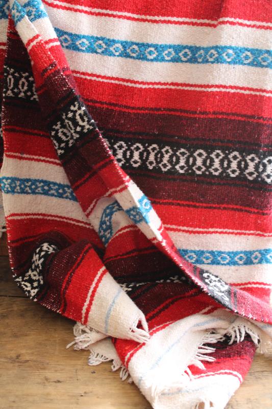 vintage Mexican blanket or rug, red / aqua / black woven stripes falsa serape