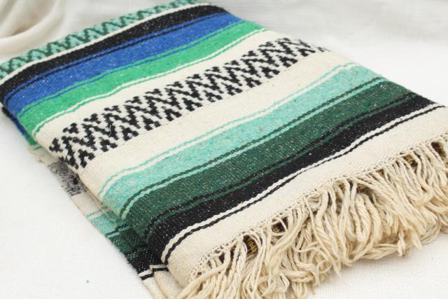 vintage Mexican falsa blanket, serape striped acrylic Indian blanket rug