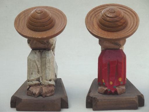 vintage Mexican folk art book ends, hand painted carved wood bookends set