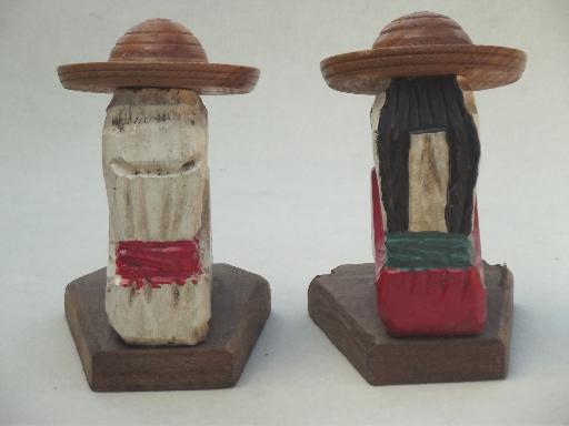 vintage Mexican folk art book ends, hand painted carved wood bookends set