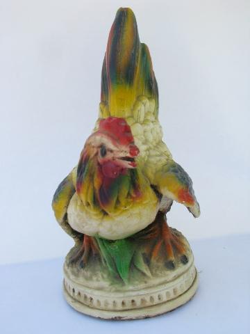 vintage Mexican folk art hen & rooster chickens, brightly painted chalkware
