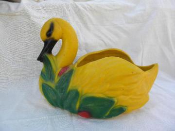 vintage Mexican folk art pottery flower planter, brightly painted large swan