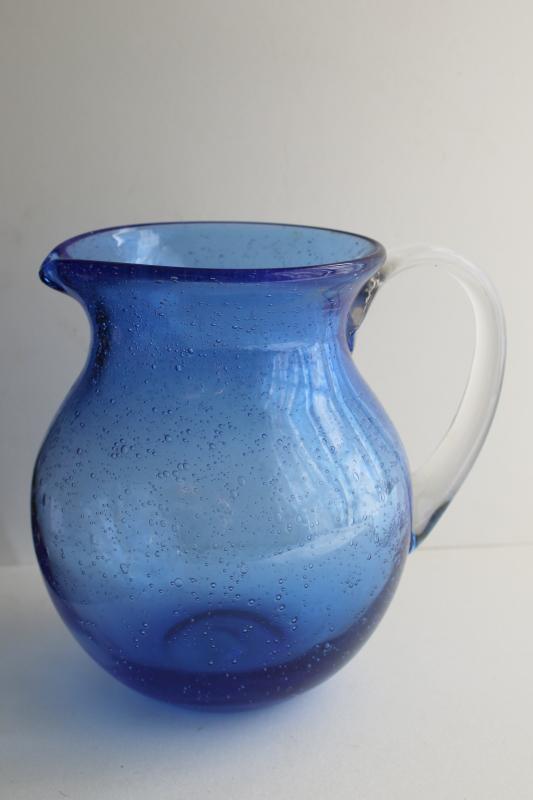Vintage Mexican Glass Pitcher Cobalt Blue Water Jug Hand Blown Seeded Glass