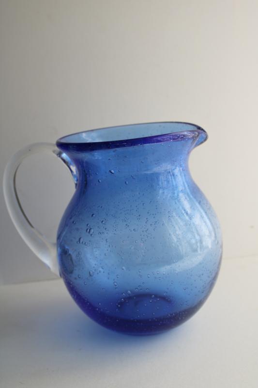 vintage Mexican glass pitcher, cobalt blue water jug hand blown seeded glass 