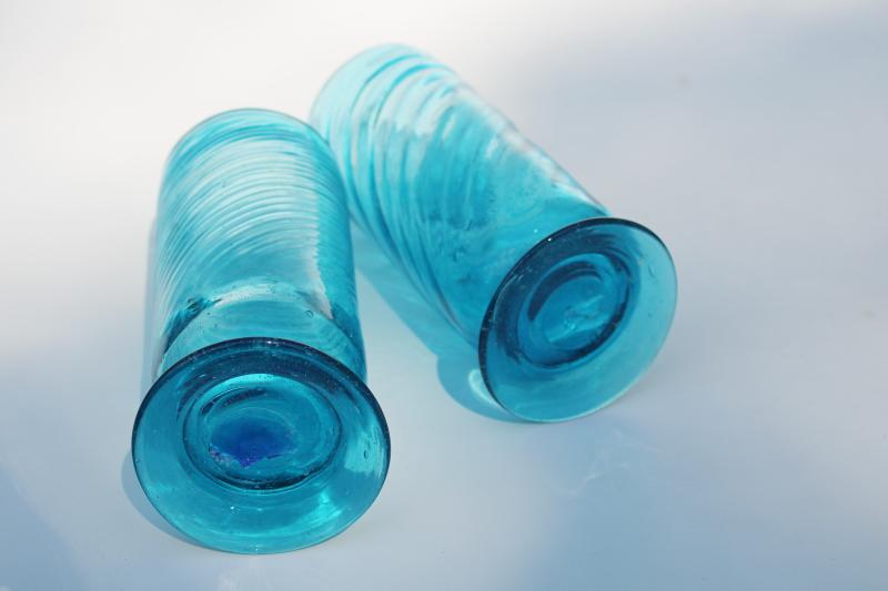 vintage Mexican hand blown glass, aqua blue swirl vases or footed tumbler drinking glasses