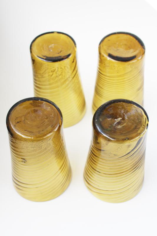 vintage Mexican hand blown glass drinking glasses, amber swirl tumblers