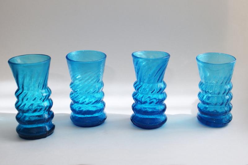 Vintage Mexican Hand Blown Glass Drinking Glasses Turquoise Blue Swirl Tumblers