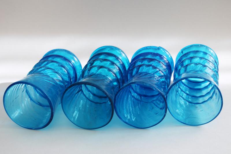 vintage Mexican hand blown glass drinking glasses, turquoise blue swirl tumblers