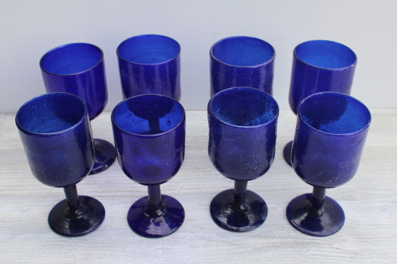 vintage Mexican hand blown glass goblets, bubble seeded texture cobalt blue glass stemware