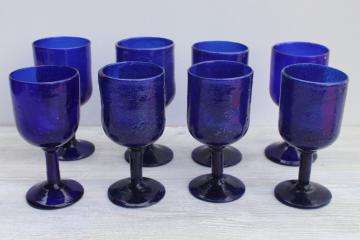 vintage Mexican hand blown glass goblets, bubble seeded texture cobalt blue glass stemware