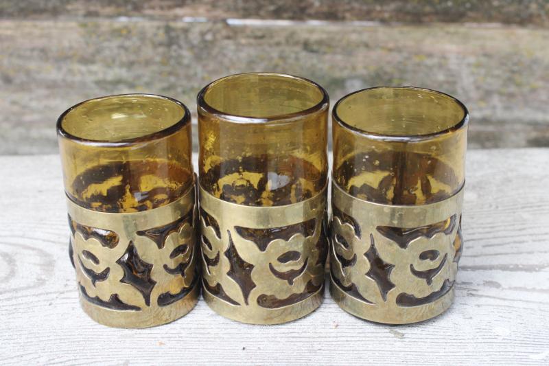 vintage Mexican hand blown glass vases or drinking glasses, brass caged glass amber gold