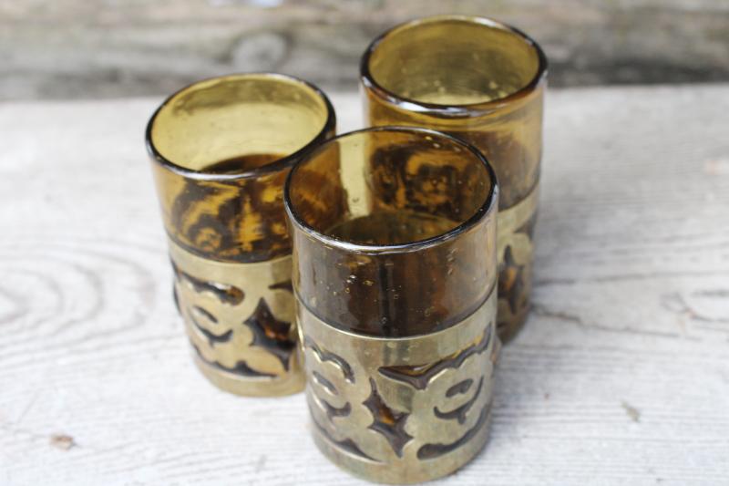 vintage Mexican hand blown glass vases or drinking glasses, brass caged glass amber gold