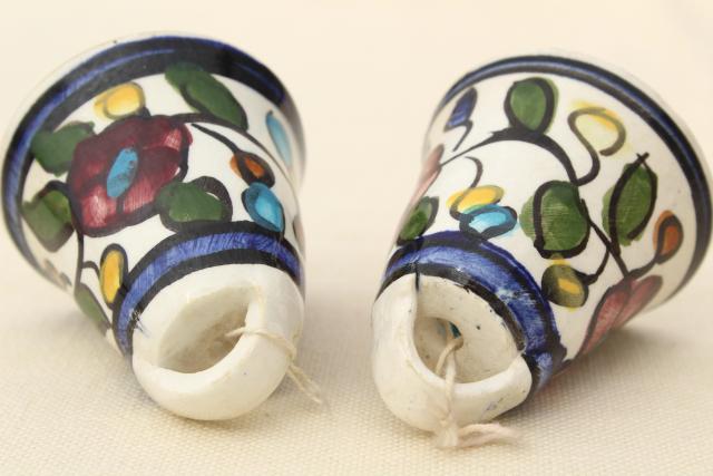 vintage Mexican pottery bells, hand painted rustic folk art wind chimes