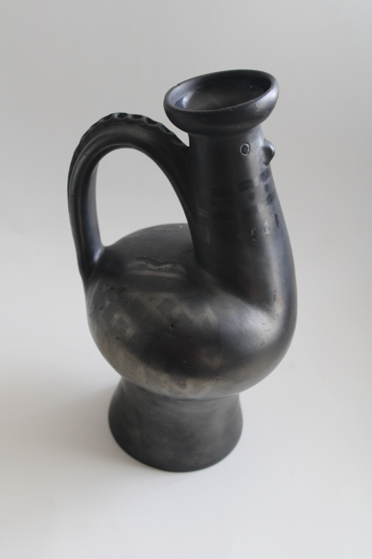vintage Mexican pottery black clay rooster chicken shape jug, vase or pitcher