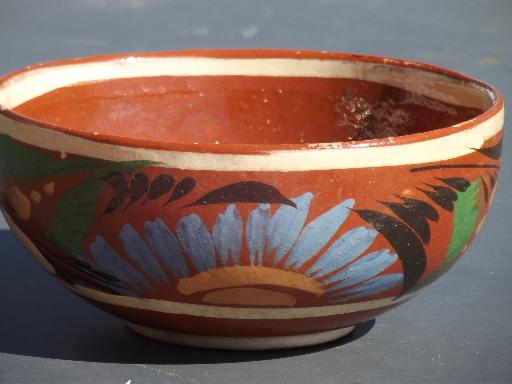vintage Mexican pottery bowls, hand-painted chips and salsa bowl set