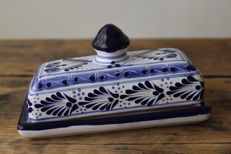 vintage Mexican pottery butter dish, folk art hand painted blue  white butter plate w/ cover
