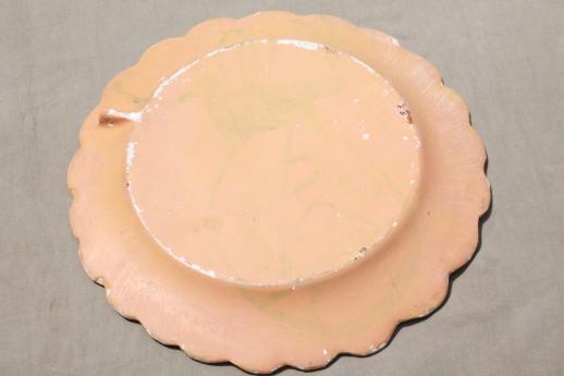vintage Mexican pottery, huge plate or charger tray w/ hand-painted pink zinnias
