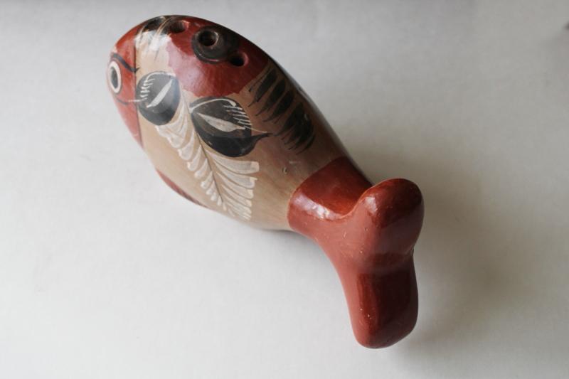 vintage Mexican pottery, large fish or whale, Tonala burnished clay hand painted figurine