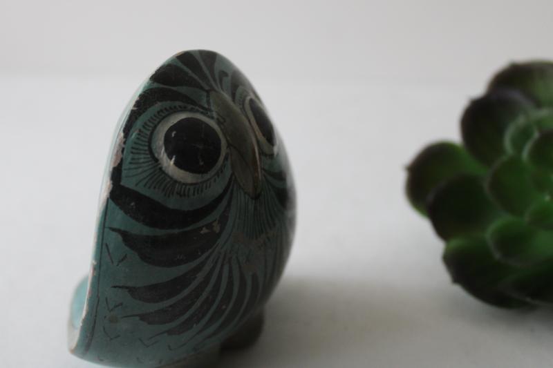 vintage Mexican pottery owl, Tonala burnished clay hand painted bird figurine