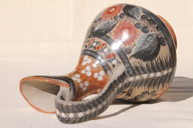vintage Mexican pottery pitcher, Tonala style hand painted burnished glaze