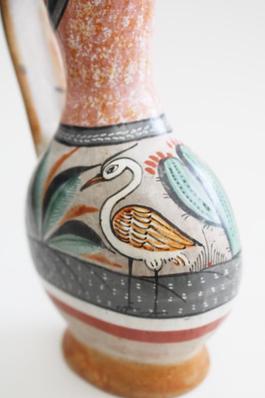 vintage Mexican pottery pitcher w/ hand painted bird & cactus, burnished clay