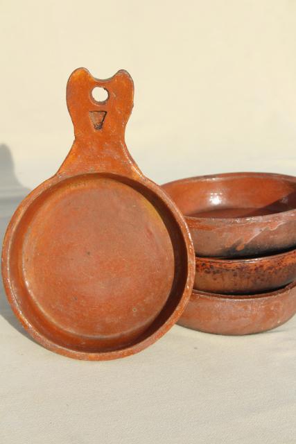 vintage Mexican pottery pots, rustic terracotta clay pans in nesting sizes