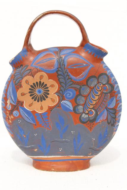 vintage Mexican pottery water bottle or wine jug, terracotta w/ hand painted flowers cobalt blue