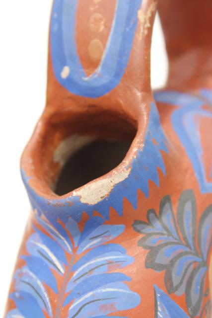 vintage Mexican pottery water bottle or wine jug, terracotta w/ hand painted flowers cobalt blue