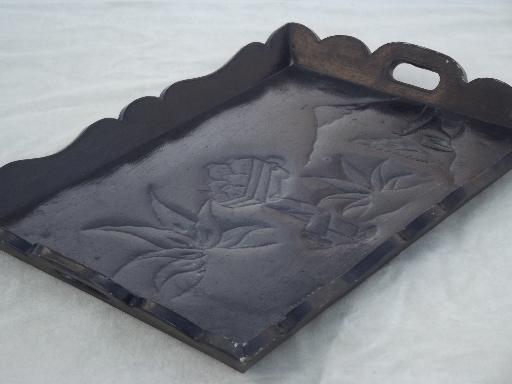 vintage Mexican tin clad tray w/ old Mexico design, worn black finish
