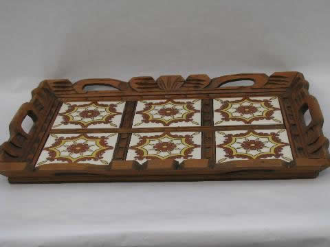 vintage Mexico, carved wood tray w/ hand painted Mexican tiles