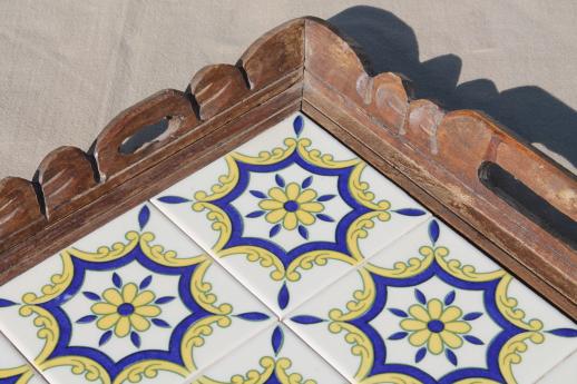 vintage Mexico carved wood trays w/ hand-painted Mexican pottery tiles