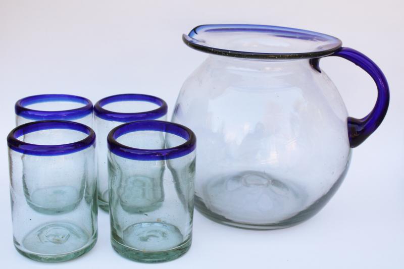 vintage Mexico hand blown glass pitcher & drinking glasses w/ cobalt blue trim 